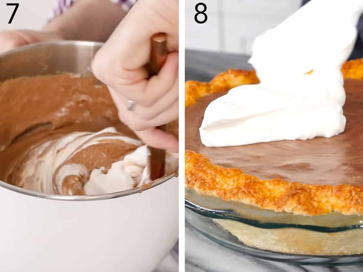Two photos showing whipped cream getting folded into a chocolate mixture and a pie being topped with whipped cream.