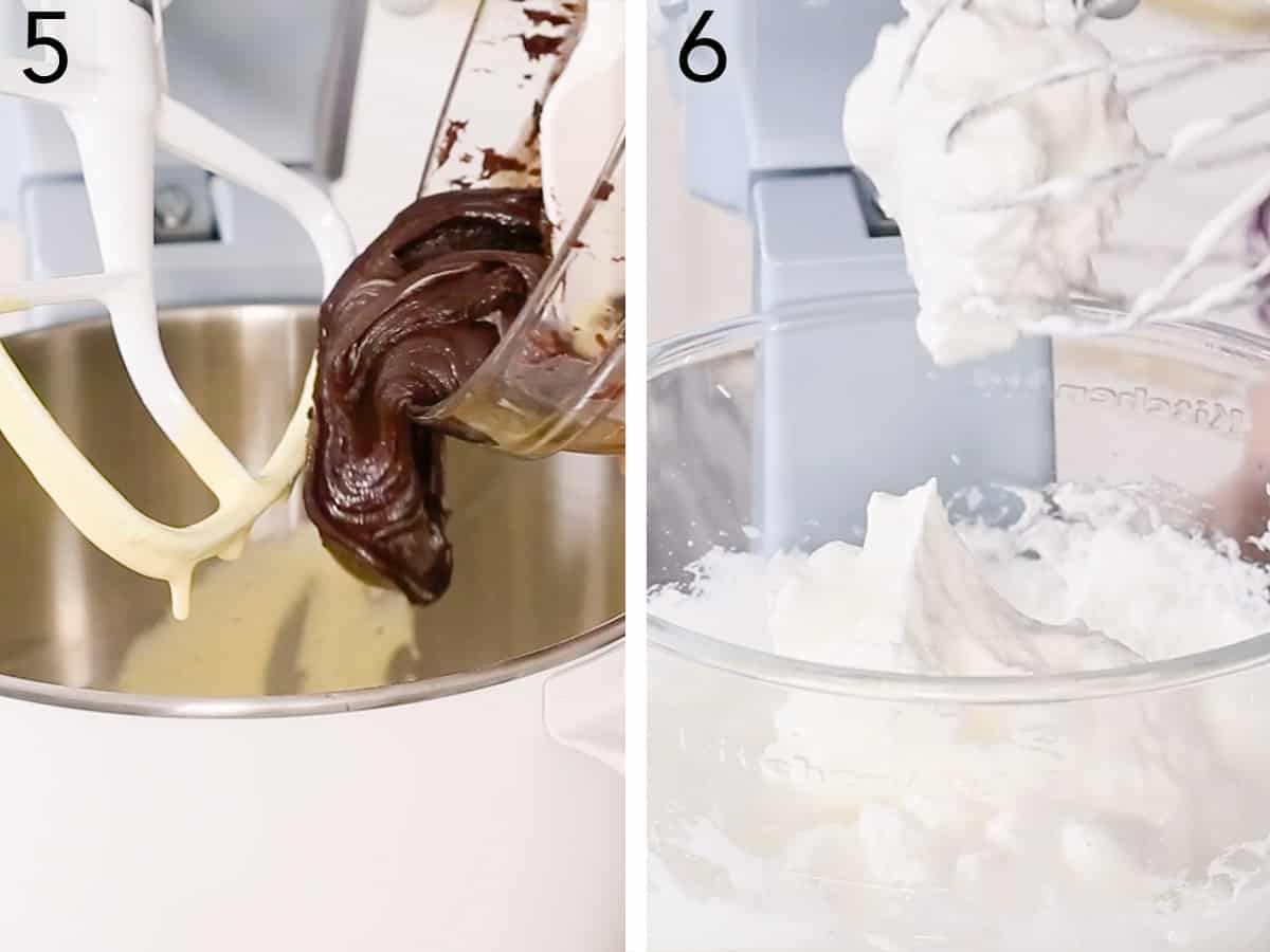 Two photos showing melted chocolate being added to whipped egg yolks and egg whites being fluffed.