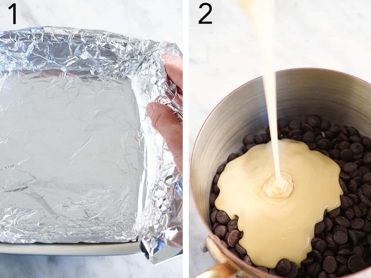 Set of two photos showing a dish being lined with foil and a pot of chocolate and condensed milk.