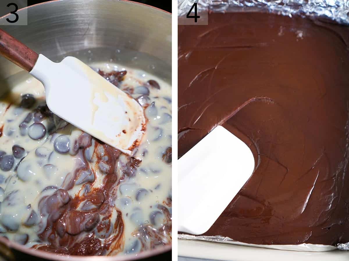 Two photos showing fudge being made in a pot and smoothed into a dish.