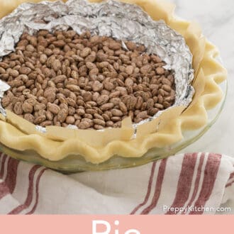 A pinterest graphic of an unbaked pie crust in a glass pie dish