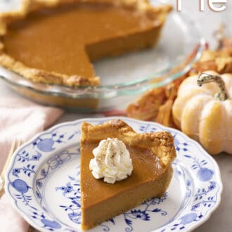 piece of pumpkin pie on a blue and white plate