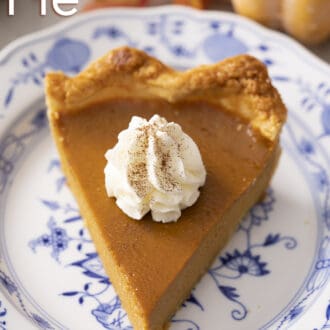 Pinterest graphic of a piece of pumpkin pie on a blue and white porcelain plate.