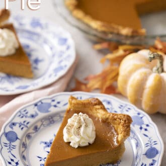 piece of pumpkin pie on a blue and white plate