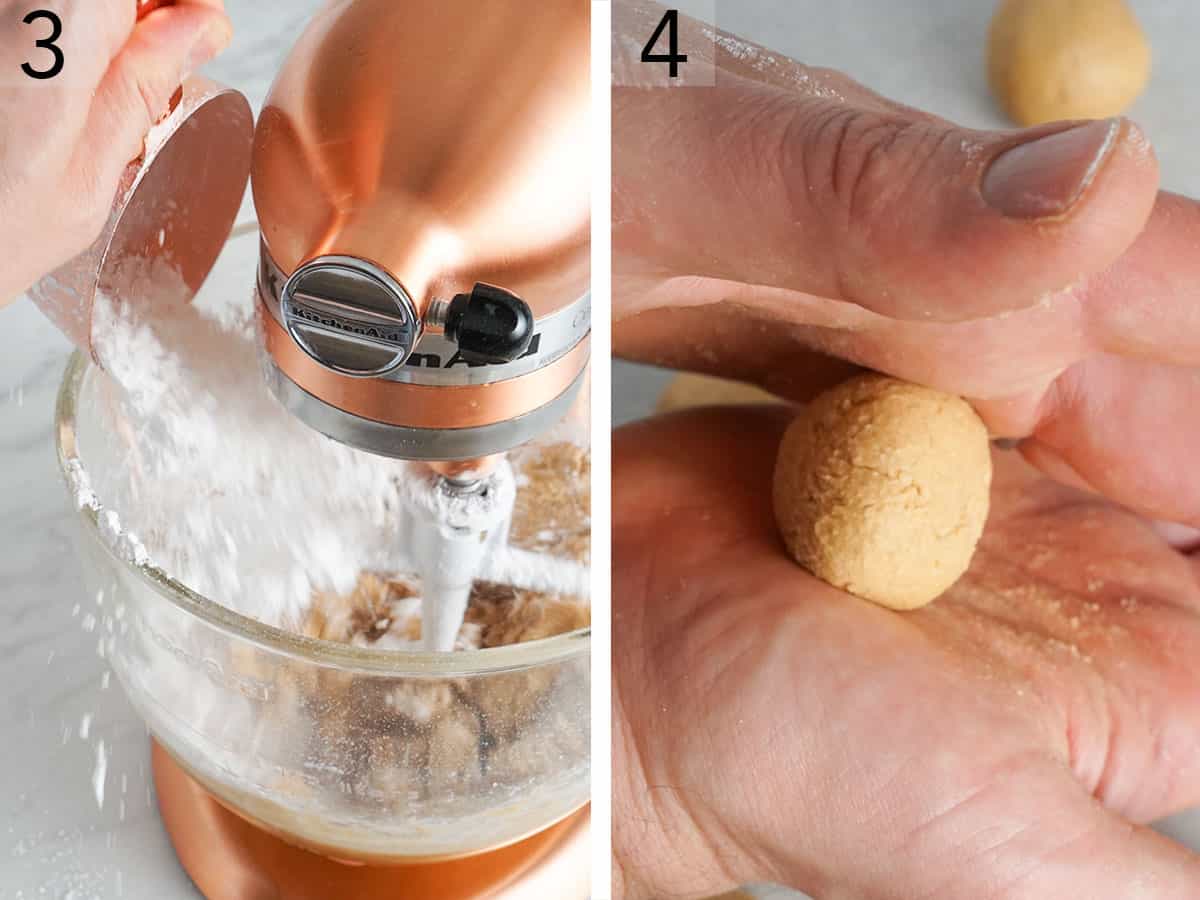 Powdered sugar added to a peanut butter mixture which is then tolled into balls.