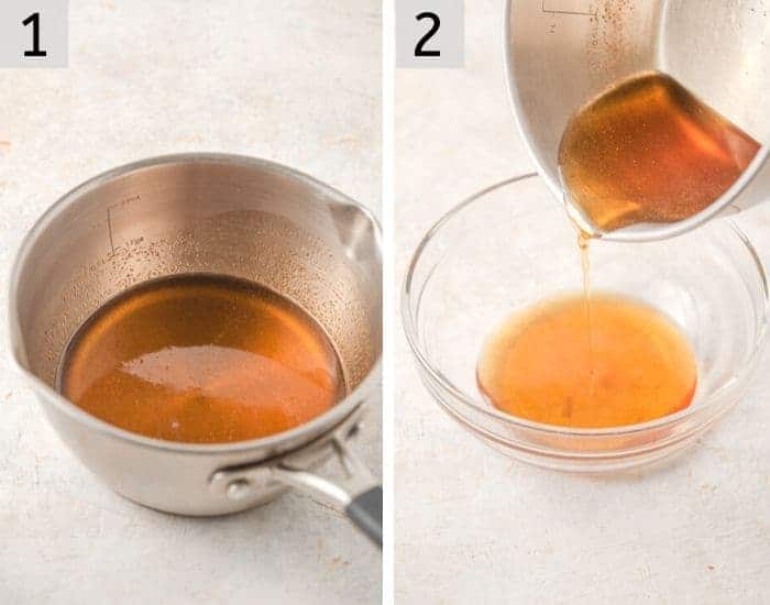 Two photos showing how to make syrup for chicken and waffles