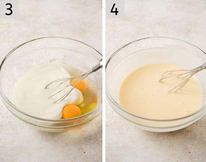 Two photos showing how to make waffle batter