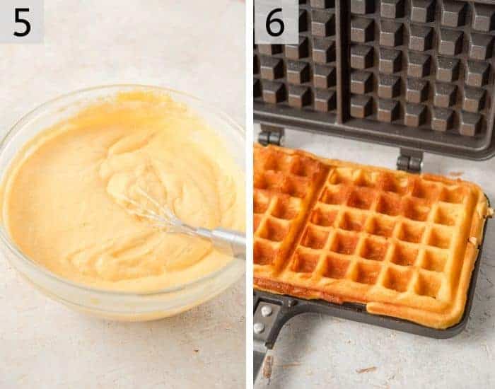 Two photos showing how to make waffle batter and cook them