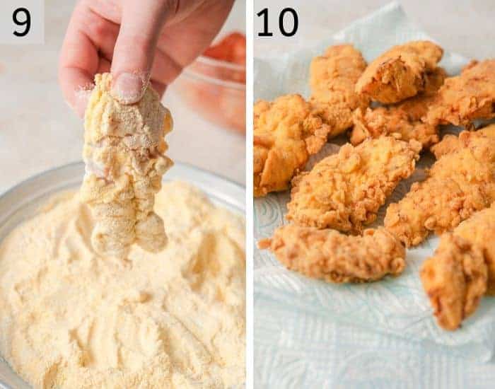 Two photos showing how to fry chicken tenders