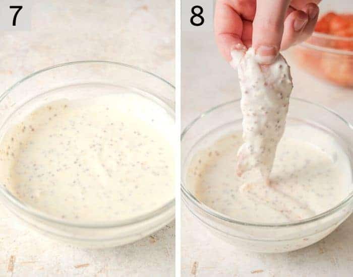 Two photos showing how to dip chicken in buttermilk to make chicken and waffles