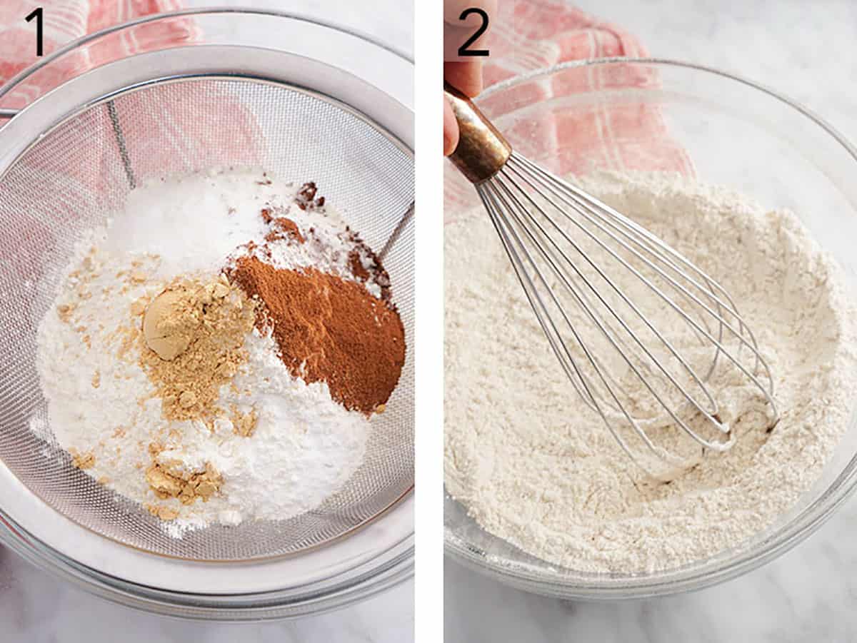 Dry ingredients for gingersnap cookies being whisked together in a large bowl.
