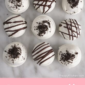 Pinterest graphic of nine Oreo balls arranged on a marble counter.