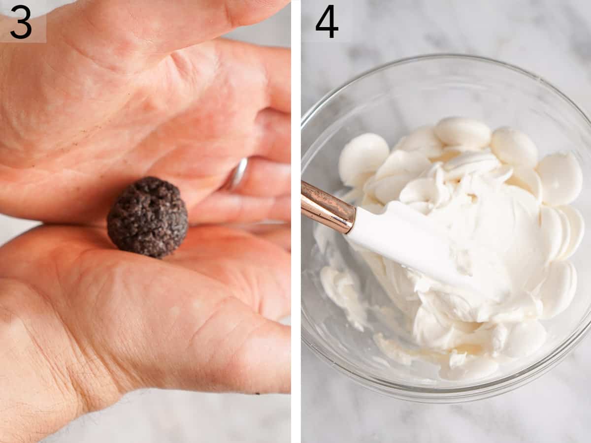 Two photos showing Oreo balls being rolled by hand and white chocolate melts being mixed.