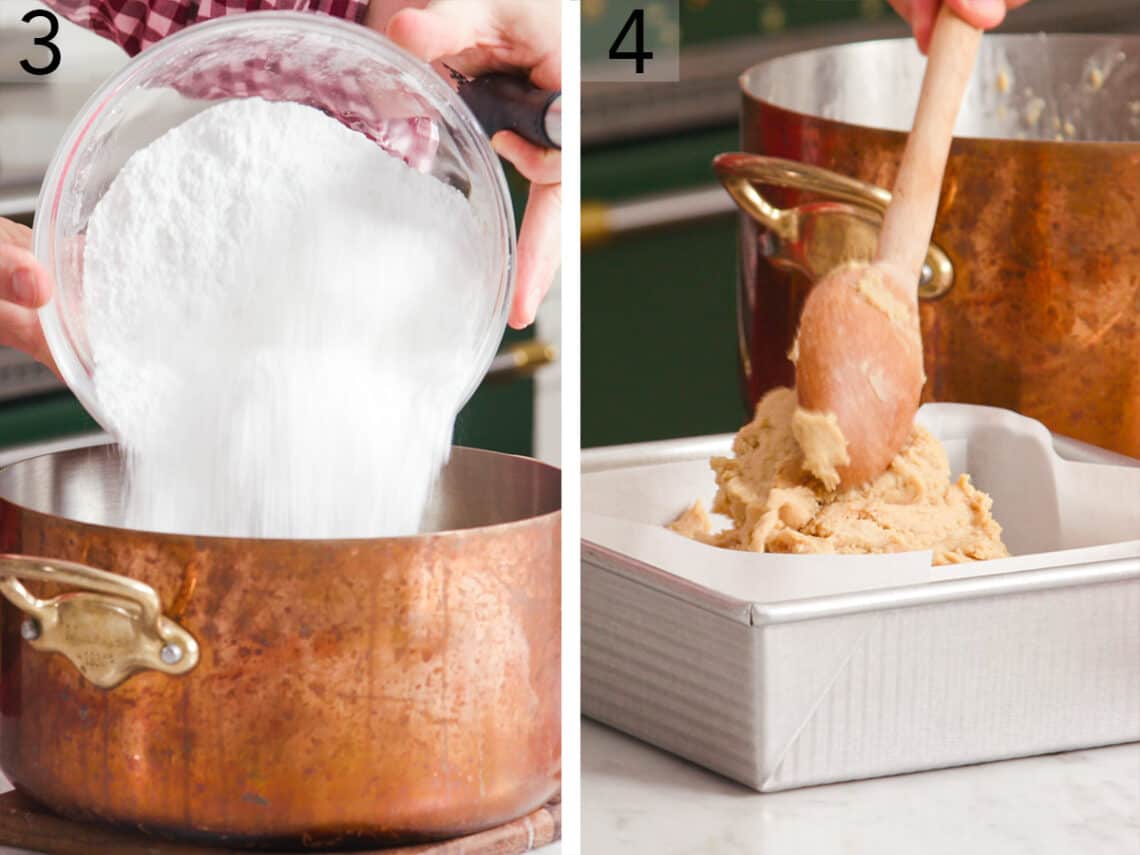 Set of two photos showing powdered sugar poured into a pot and mixture scooped into a baking dish.