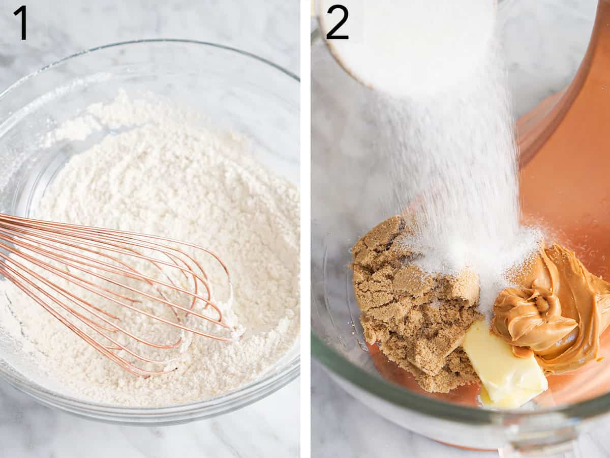 Two photos showing dry ingredients being whisked and sugar getting added to butter.