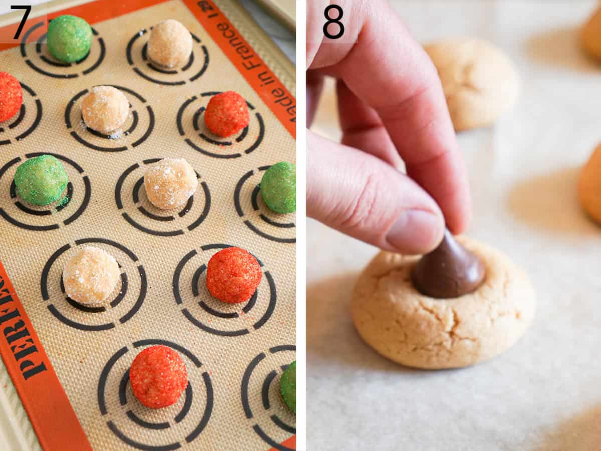 Peanut Butter Blossoms on a cookie sheet before baking.