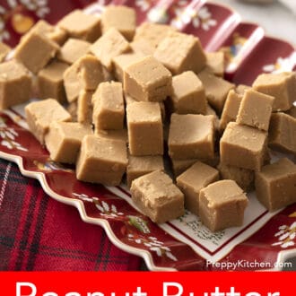 Peanut butter fudge pieces sitting on a christmas tray