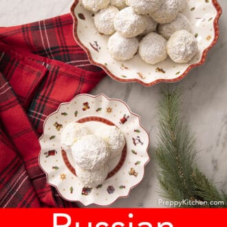 over head shot of russian tea cakes on a christmas plate