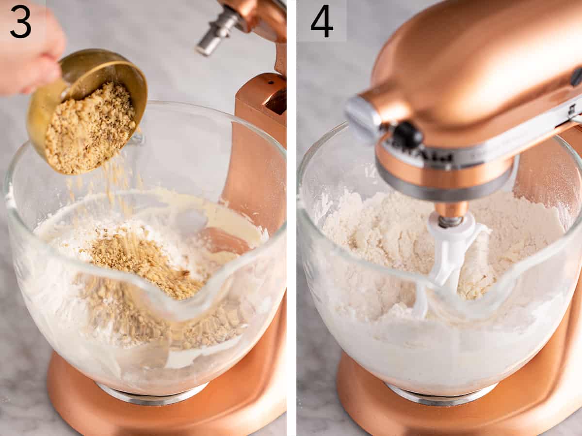 Set of two photos showing walnuts and flour getting added to the batter and mixed.