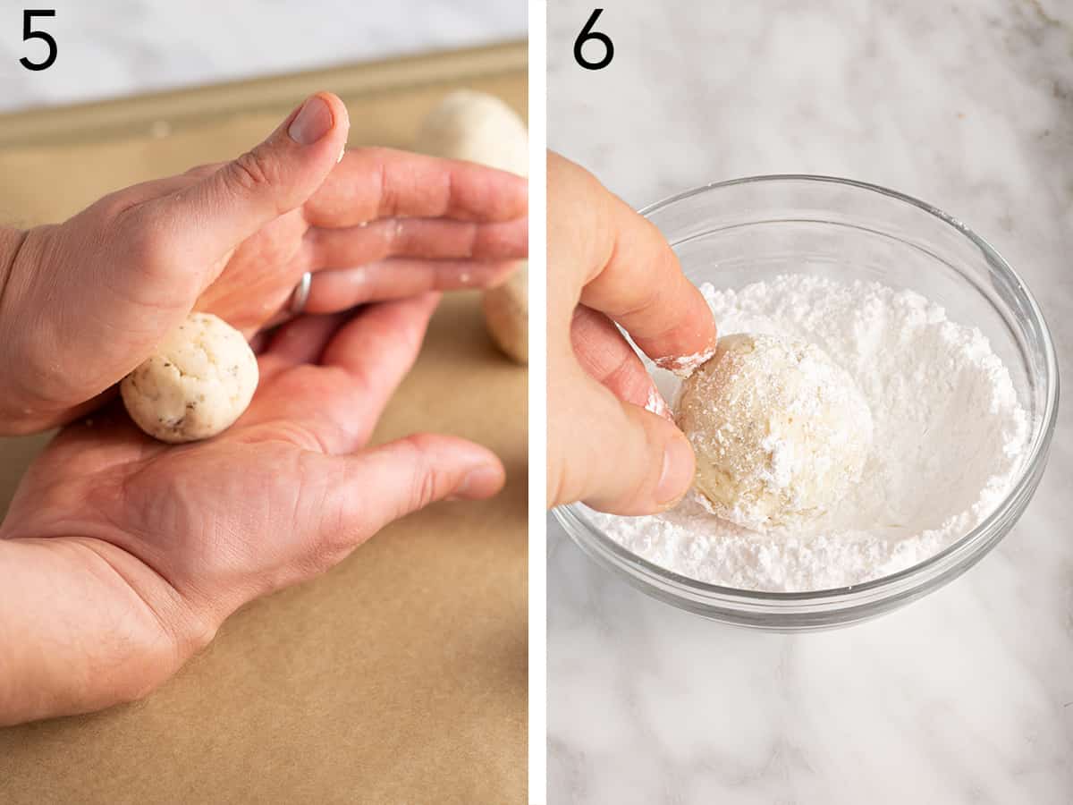 Set of two photos showing Russian tea cakes dough being rolled then dusted with powdered sugar.