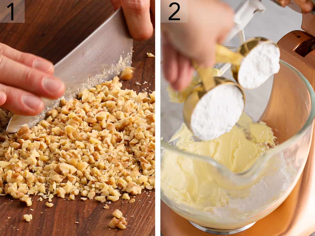 Set of two photos showing walnuts getting chopped and sugar added to creamed butter.