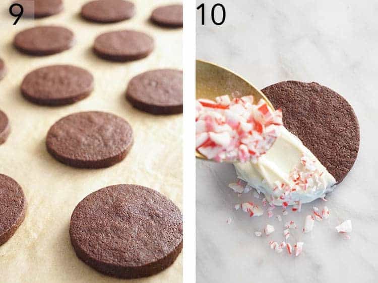 Baked chocolate sugar cookies getting decorated with white chocolate and peppermint.