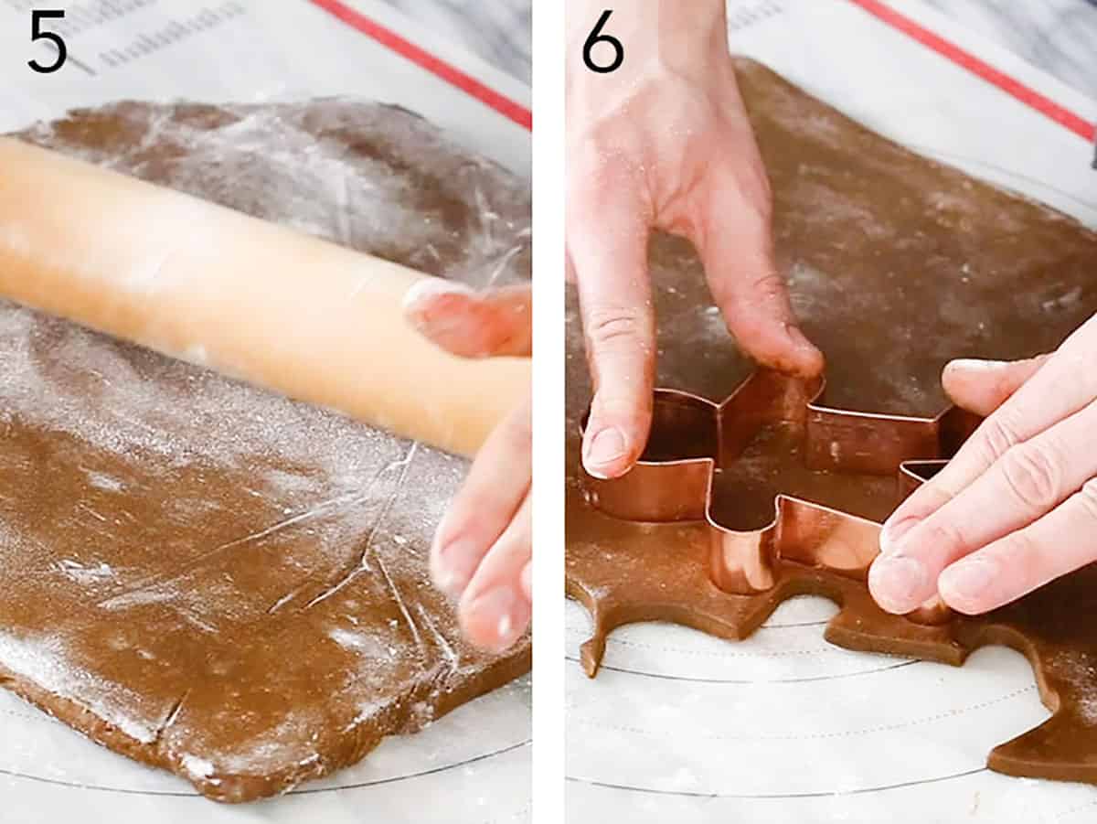 Two photos showing cookie dough being rolled out and cut into shapes.