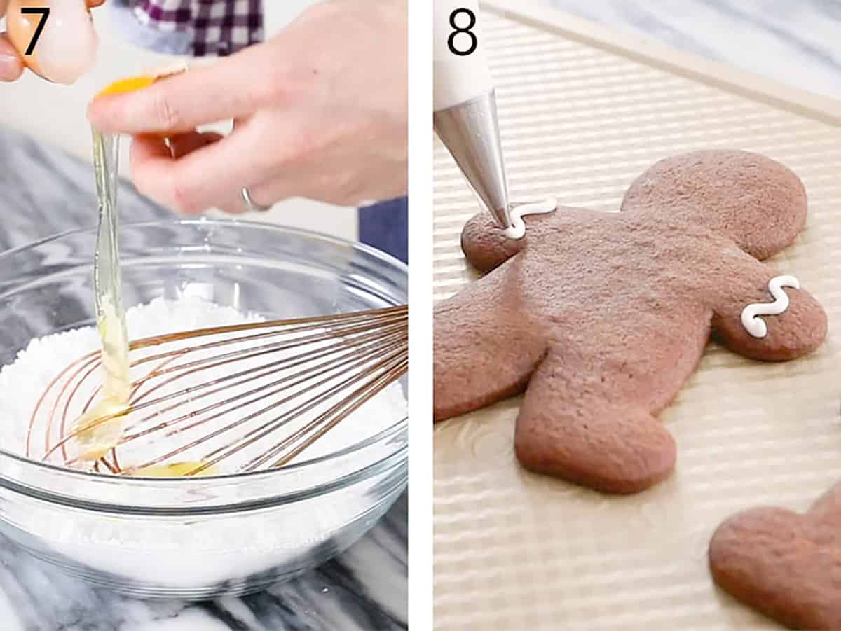 Two photos showing royal icing for gingerbread men being mixed then piped onto gingerbread cookies.