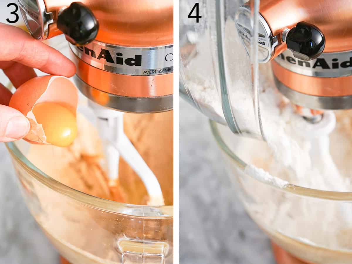 Peanut butter blossom dough being made in a copper stand mixer.