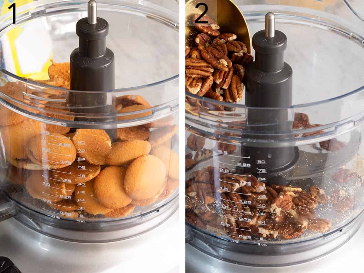 A set of photos showing cookies and pecans getting processed in the food processor.