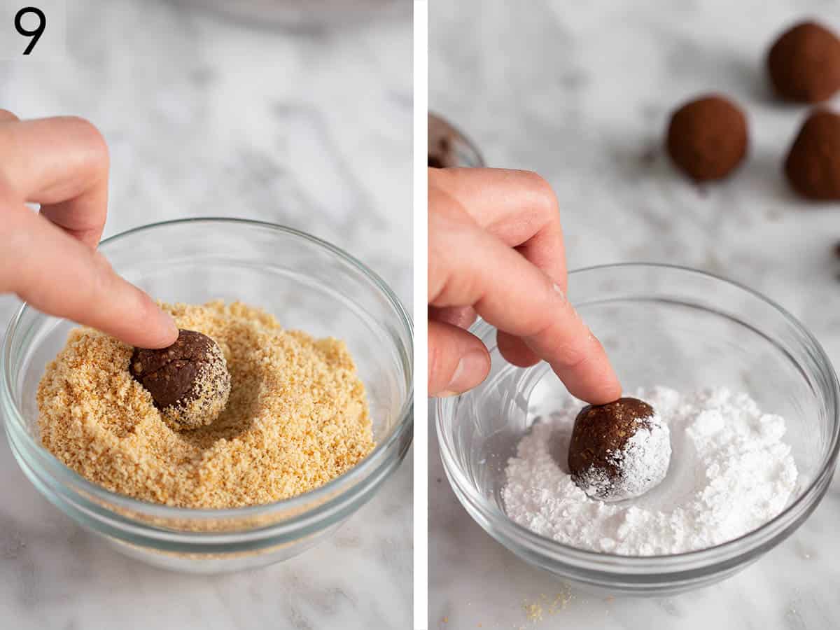 Rum balls getting rolled in cookie crumbs and powdered sugar.