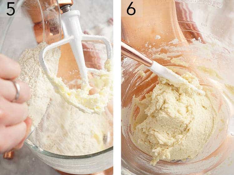 The flour mixture getting beaten into butter and sugar for almond cookies.