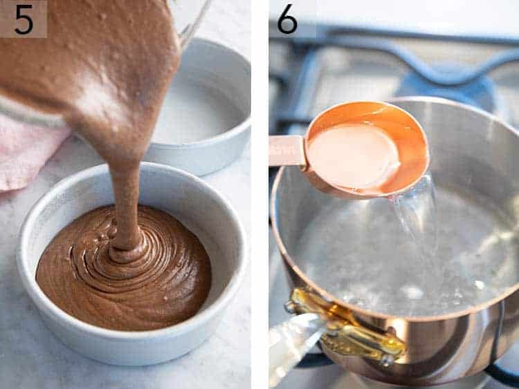  black forest cake batter getting poured into cake pans.