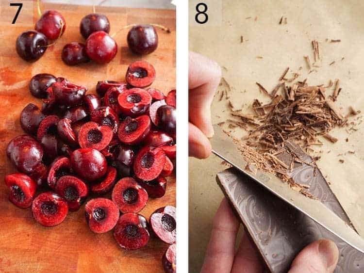 Cherries cut in half and chocolate getting shaved.