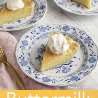 Pinterest graphic of three plates of sliced buttermilk pie.