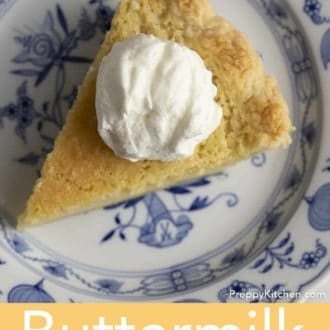 Pinterest graphic of an overhead view of a slice of buttermilk pie on a plate with whipped cream on top.
