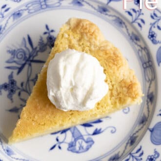 A piece of buttermilk pie with whipped cream on top.