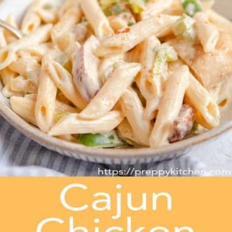 cajun chicken pasta in a bowl with a fork