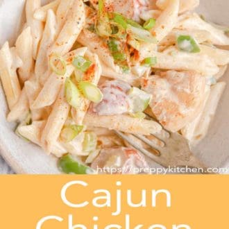 cajun chicken pasta in a bowl with a fork