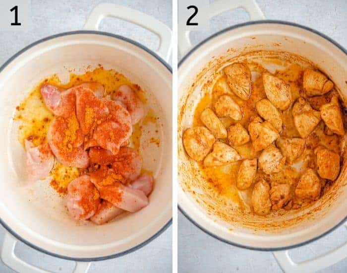 Two shots of chicken in a Dutch oven with cajun spice