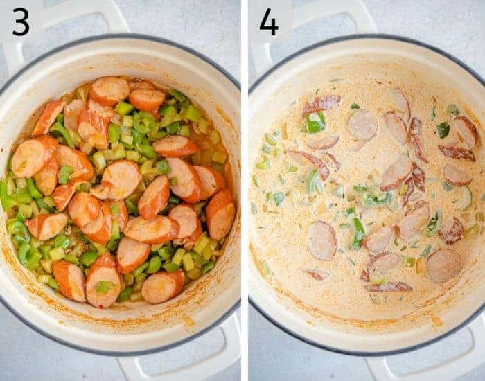 Two shots of smoked sausage and veggies in a Dutch oven with cream