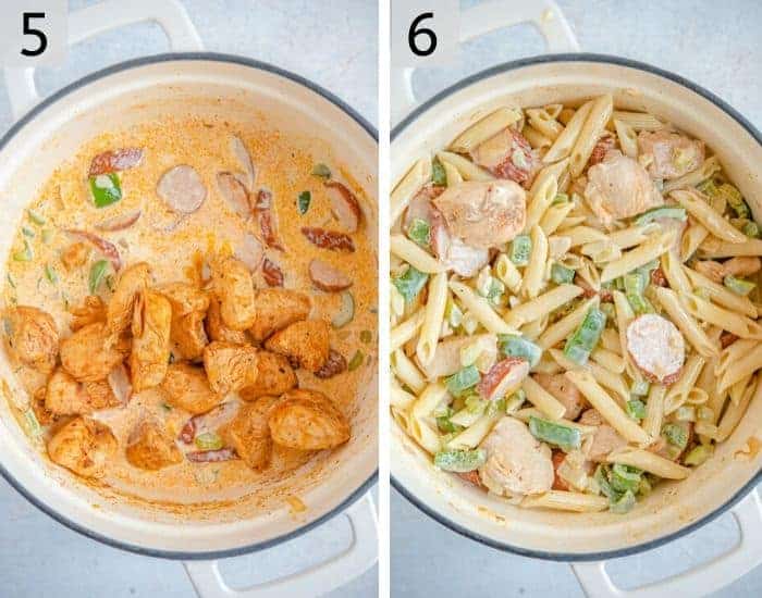 Two shots showing how to make creamy cajun chicken pasta