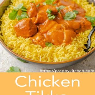 chicken tikka masala in a bowl with fork