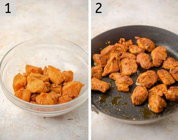 Two photos showing marinading and frying chicken