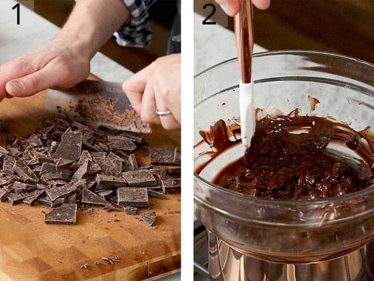Chocolate getting chopped then melted on a double boiler