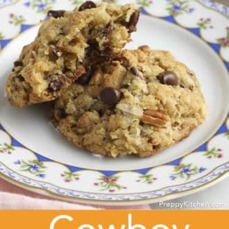 Pinterest graphic of two cowboy cookies on a plate.