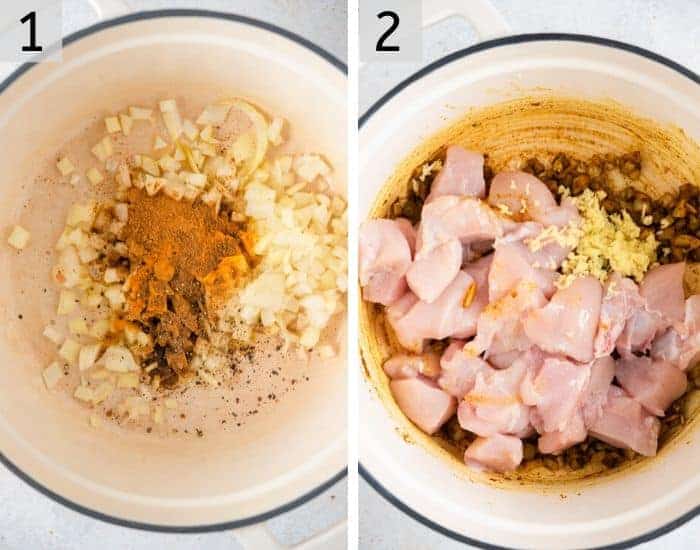 Two photos showing how to saute onion, chicken and spices