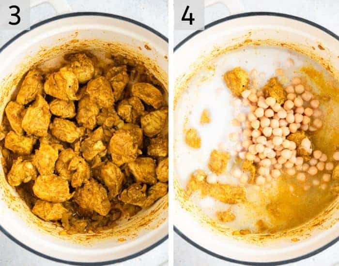 Two photos showing how to make chicken curry