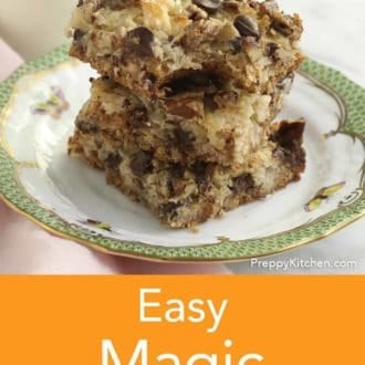 Pinterest graphic of stacked magic cookie bars stacked on a plate.