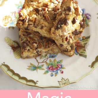 Pinterest graphic of magic cookie bars on a porcelain plate.